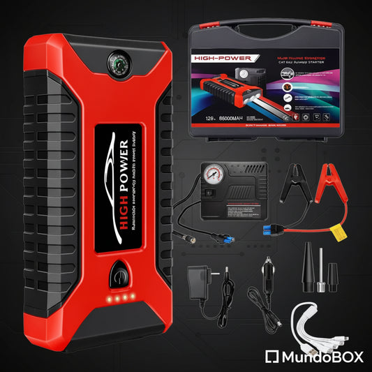 Arrancador Portátil 4 en 1 – Jump Starter con Compresor de Aire, Linterna y Cargador USB para Auto