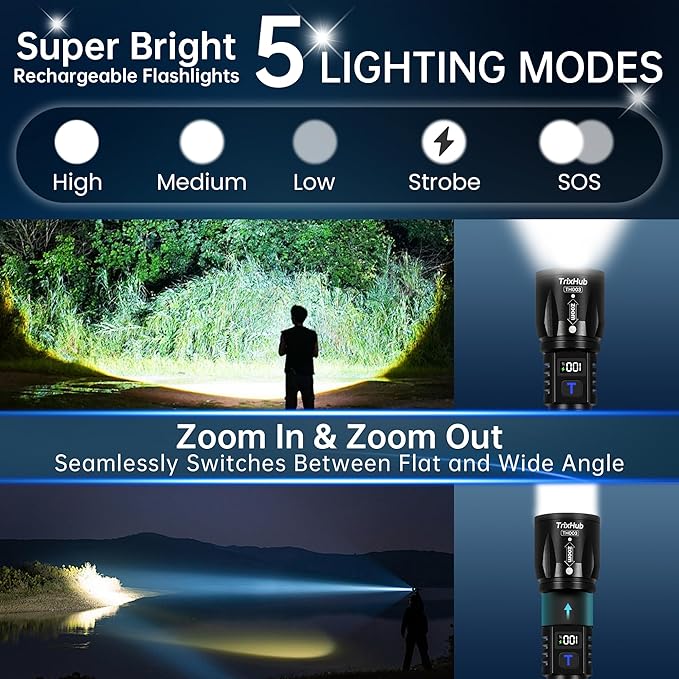 Linterna Táctica LED Recargable USB-C. Con Zoom