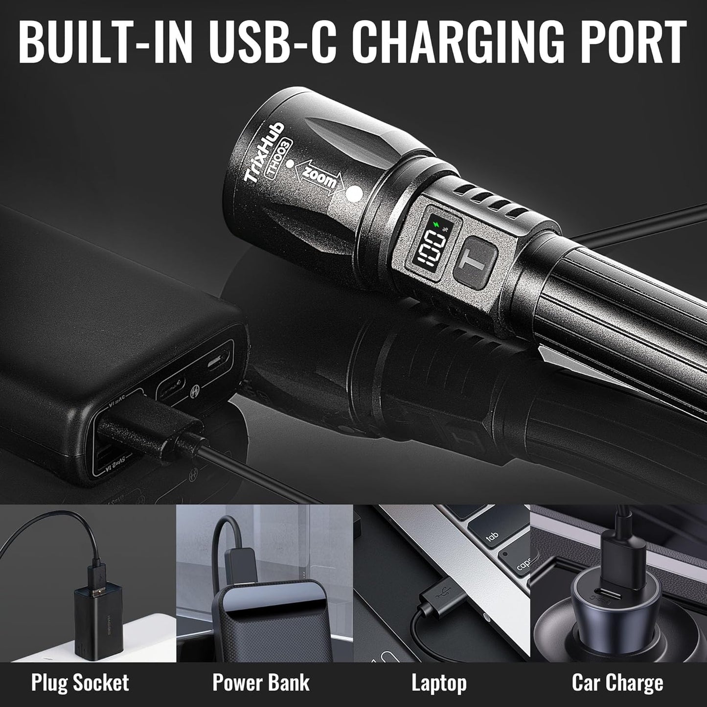 Linterna Táctica LED Recargable USB-C. Con Zoom