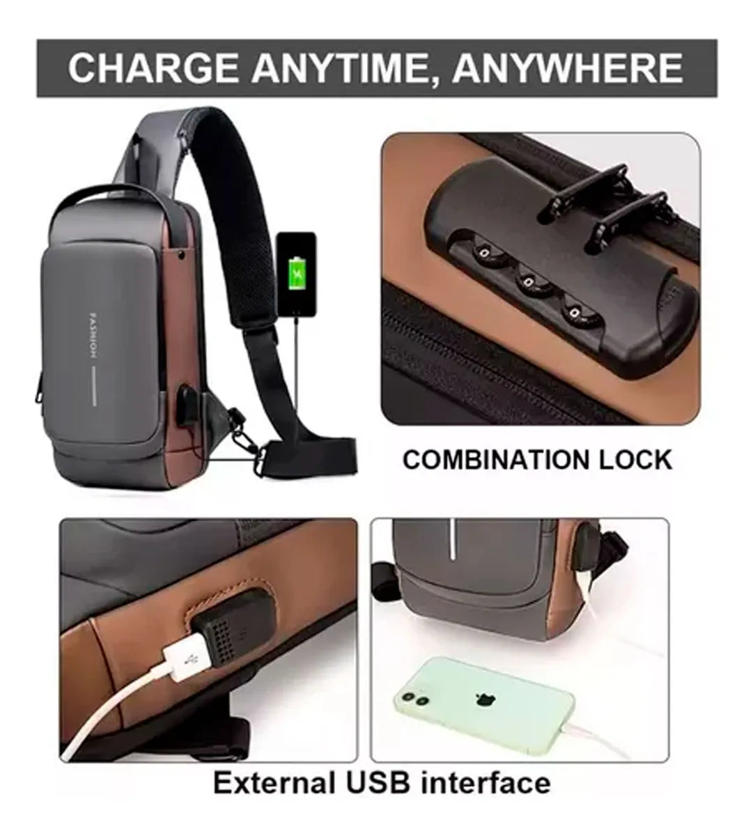 Mochila Tipo Morral cruzado antirrobo +USB impermeable